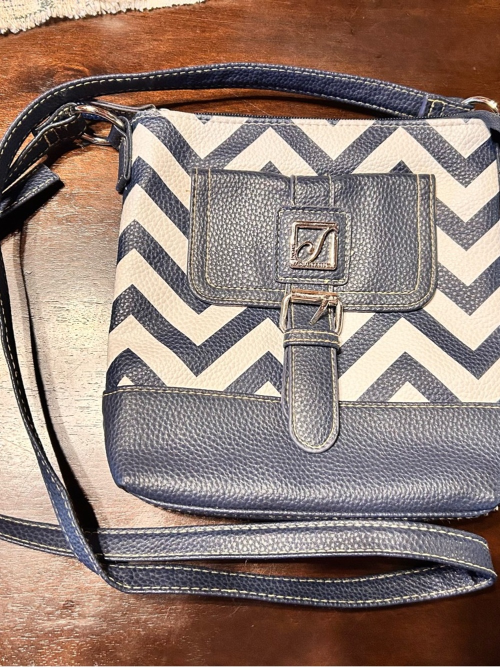Leather Blue and White Chevron Crossbody Bag